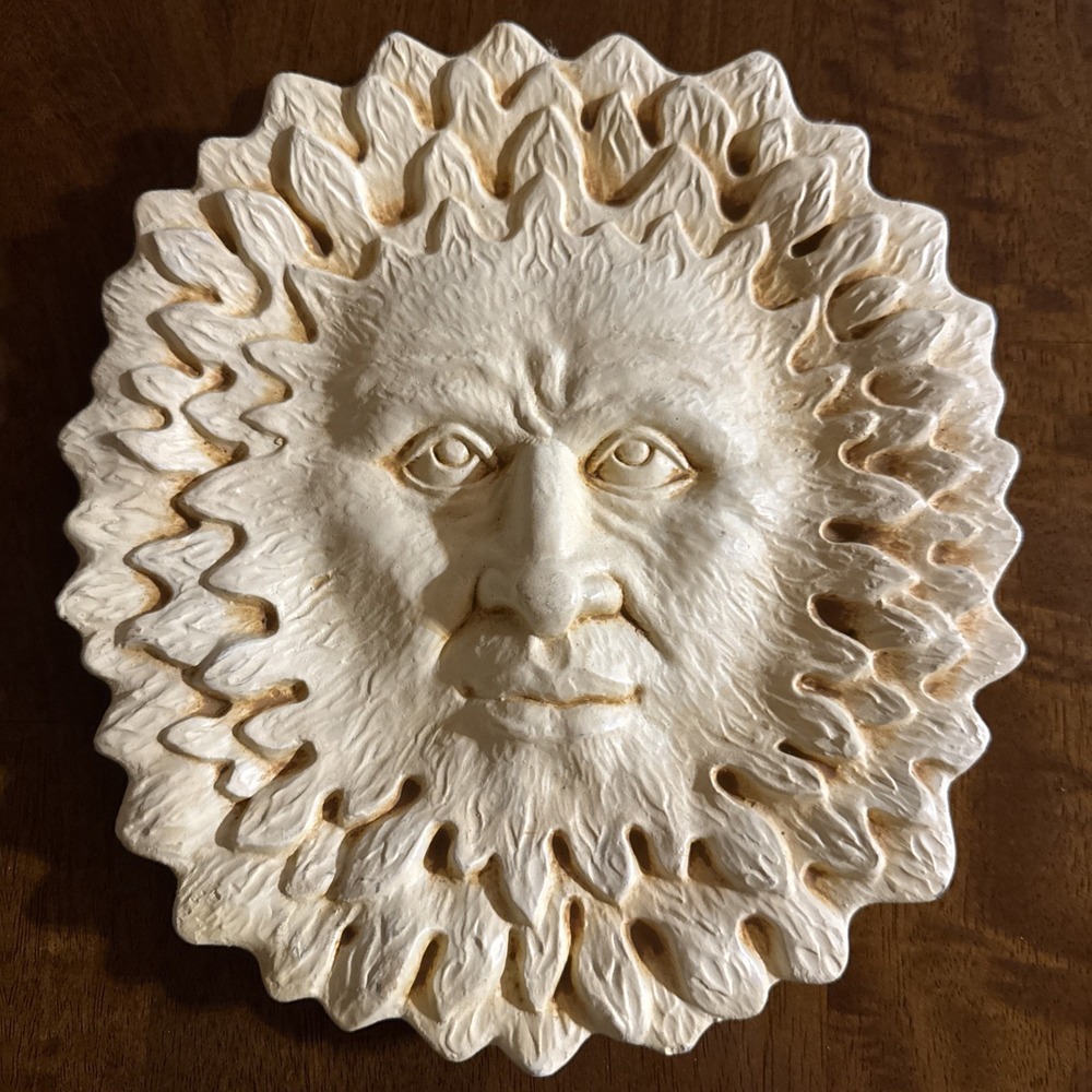 Vintage Sun Face Wall Plaque 9" Celestial Solar Art Plaster Ivory Wall Decor